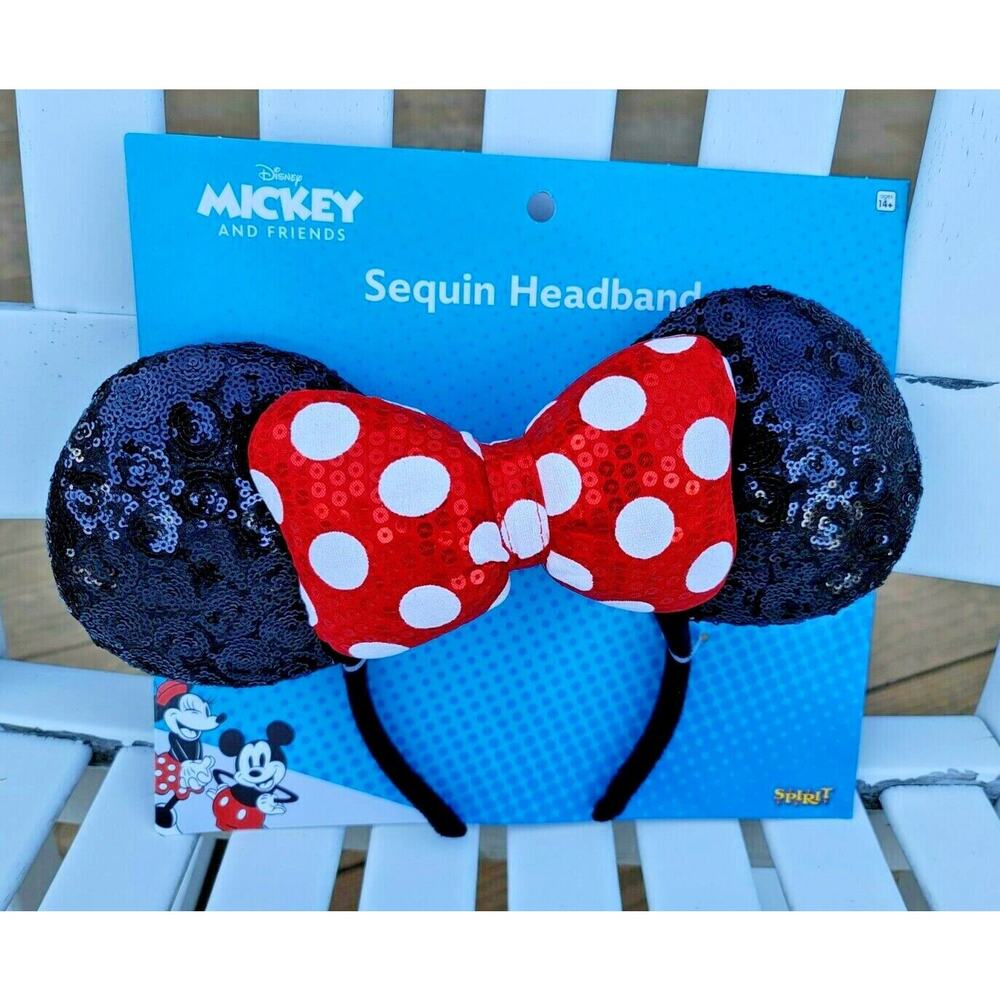 Spirit Minnie Mouse Bow Black Red Polka Dot Sequin Ears Headband New Childs